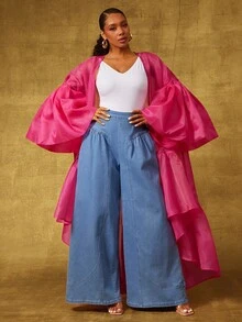 Vixey Fuchsia Pink Sheer Organza Ruffle Hem Puff Sleeve Maxi Duster, Going Out - Hot Pink - View 4