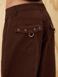 COUREZ Quần ống rộng cạp thấp dáng phồng bằng cotton với vòng kim loại phía sau / Trang phục đi chơi phong cách Y2K, quần áo mùa thu cho nữ, quần áo mùa đông cho nữ, quần ống rộng thường ngày phong cách rave. - Màu Khaki - Xem 6