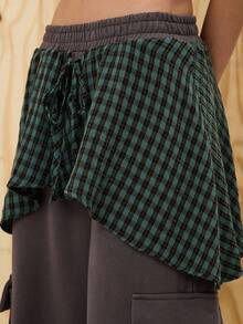 COUREZ Low Rise Oversized Cargo Joggers With Layered Check Skirt /Y2K Going Out For Women Spring For Women Rave Casual Wide Leg Pants - Black - View 6