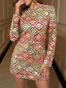 Ellevyn 女士彩色亮片几何印花优雅圆领长袖迷你连衣裙，适合日常穿着、派对、社交活动、秋冬季 - 彩色 - 查看 2