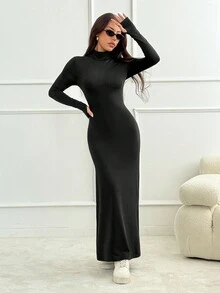 SHEIN PETITE Damen elegantes einfarbiges Maxi Rollkragen Langarm Bodycon Kleid, Frühling Herbst Langkleid Schwarzes Langkleid Winterliches sexy Langkleid Langarm Langkleid - Schwarz - Übersicht 5