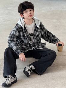 DAZY 男童（大童）格子连帽长袖衬衫
