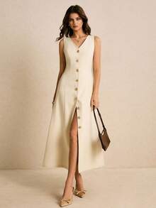 Poéselle Đầm suông không tay cổ chữ V họa tiết hoa kim loại thanh lịch cho nữ - Màu be - Xem 6