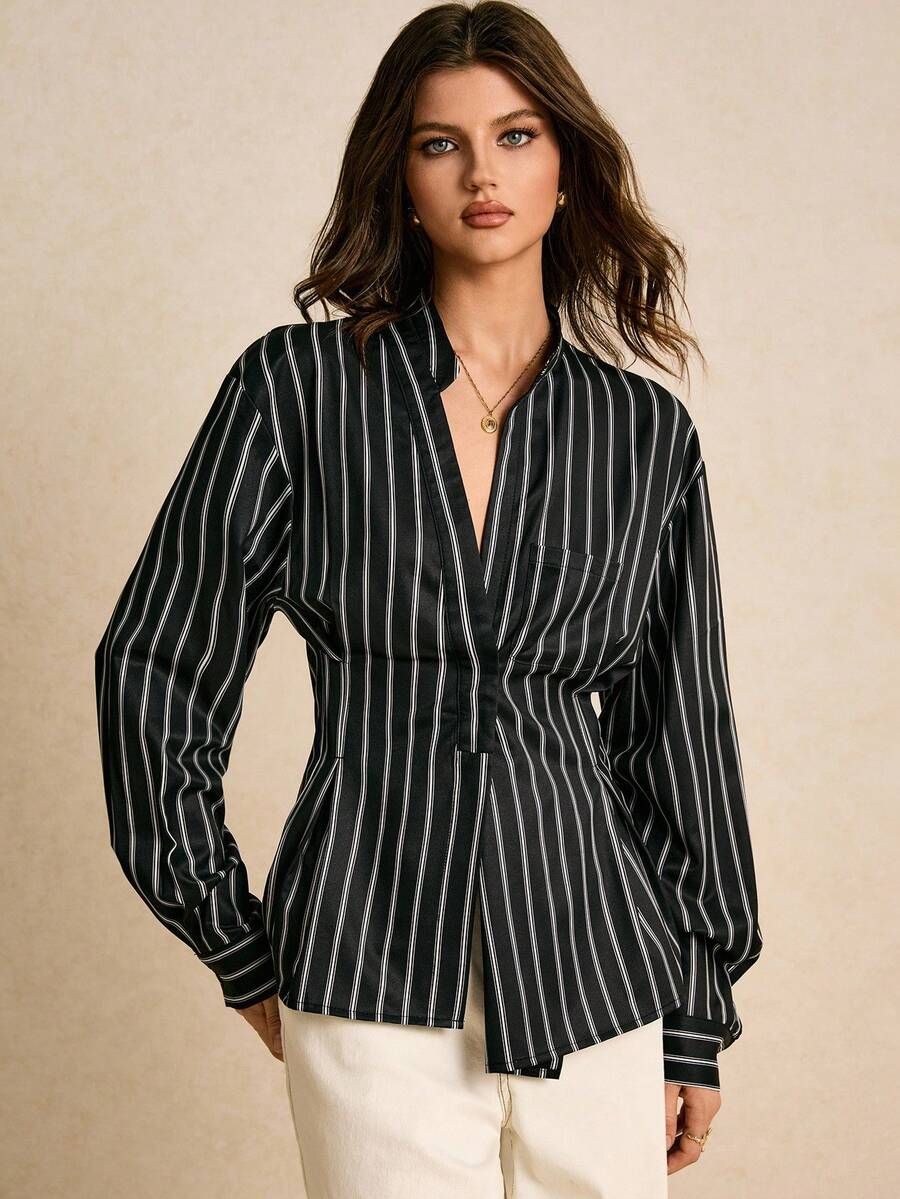 Poéselle Áo sơ mi sọc thời trang, áo crop top độc đáo, thiết kế nhiều lớp - màu đen - Xem 1