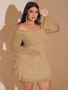 SHEIN BAE Váy mini trễ vai xếp ly xếp lớp màu trắng ngọt ngào và gợi cảm cỡ lớn - Màu be - Xem 3