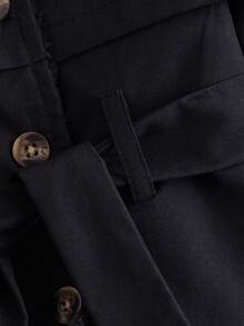 SHEIN 1 buc. Trench lung, la modă, minimalist, stil stradal, negru, cu mânecă lungă și rever, cu decor din blană în interior și curea, potrivit pentru purtare zilnică și școală - Negru - View 5