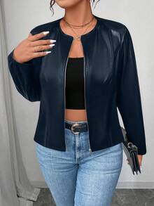 SHEIN PETITE CURVE 大码女式经典百搭 PU 皮夹克，小号系列 - 藏蓝色 - 查看 5