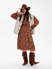 Styleloop 女式方头粗跟棕色系带装饰绒面时尚舒适一脚蹬靴，适合休闲、派对、夜总会、万圣节、圣诞节、音乐节、秋季，棕色西部风/核心 - 棕色 - 查看 4