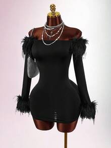 Y2K Amplova BLACK Christmas New Year Thanksgiving Party Women's Solid BLACK Color Faux Fur Off Shoulder Long Sleeve Fitted Fashionable Mini Dress