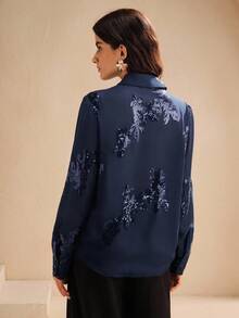 Anewsta Áo sơ mi nữ dáng rộng thêu hoa hồng thanh lịch kiểu Pháp - Màu xanh hải quân - Xem 2