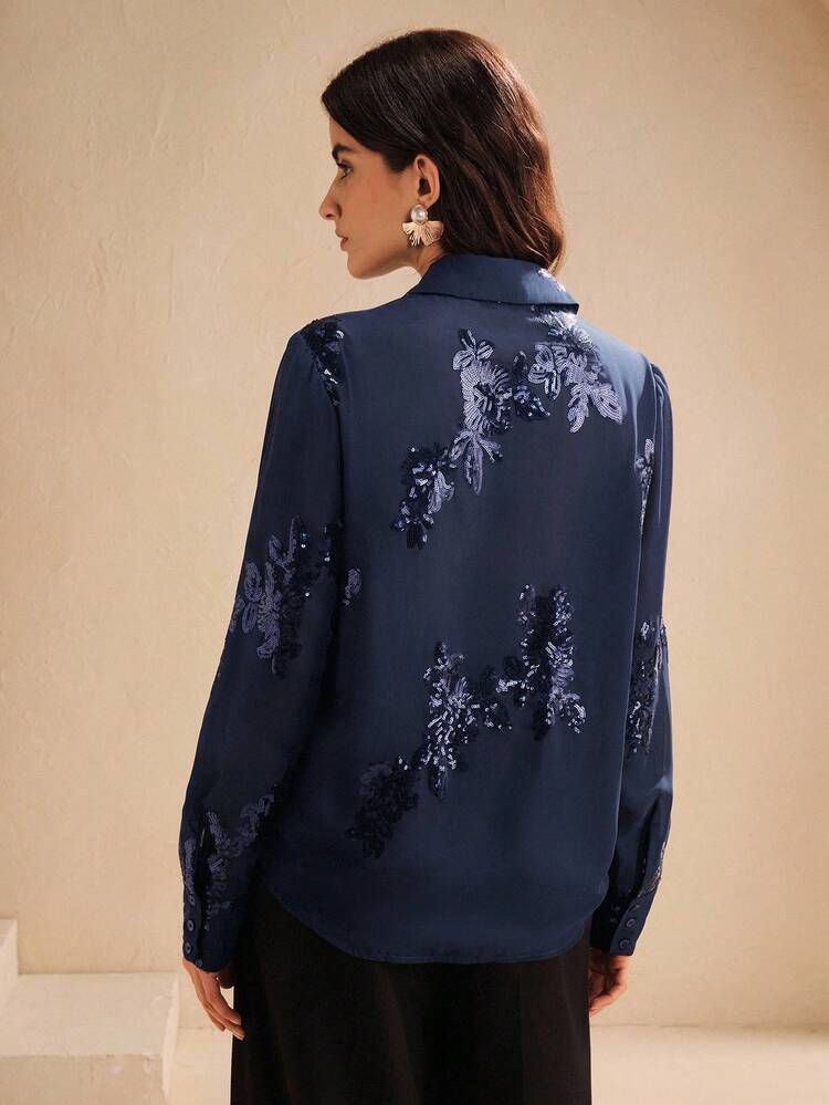 French Elegant Rose Beaded Embroidery Semi-Sheer Blouse Women Shirt