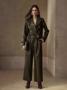 MOTF PREMIUM PU LEATHER DOUBLE BREASTED JACKET & WIDE LEG PANTS SET