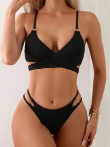 SHEIN Swim Summer Beach Women's Solid Color Crossed Strap Separated Bikini Set - Black - View 1