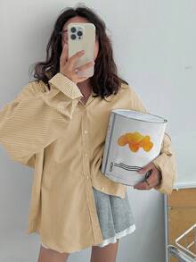 DAZY 女式宽松领口条纹设计休闲衬衫，蓝色，春夏秋装，秋季女装长袖上衣 - 黃色 - 查看 4