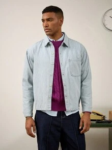 Manfinity Homme Men's Autumn Vertical Striped Denim Casual Loose Long Sleeve Shirt Men Striped Shirt - Light Wash - View 8