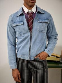 RivetRise Casual Faded Washed Blue Fitted Denim Jacket With Large Pockets, Spring/Autumn