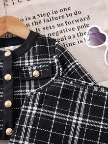 SHEIN Babygirl Cute Black & White Houndstooth Print Long Sleeve Dress & Jacket Set Fall Winter - Black - View 5
