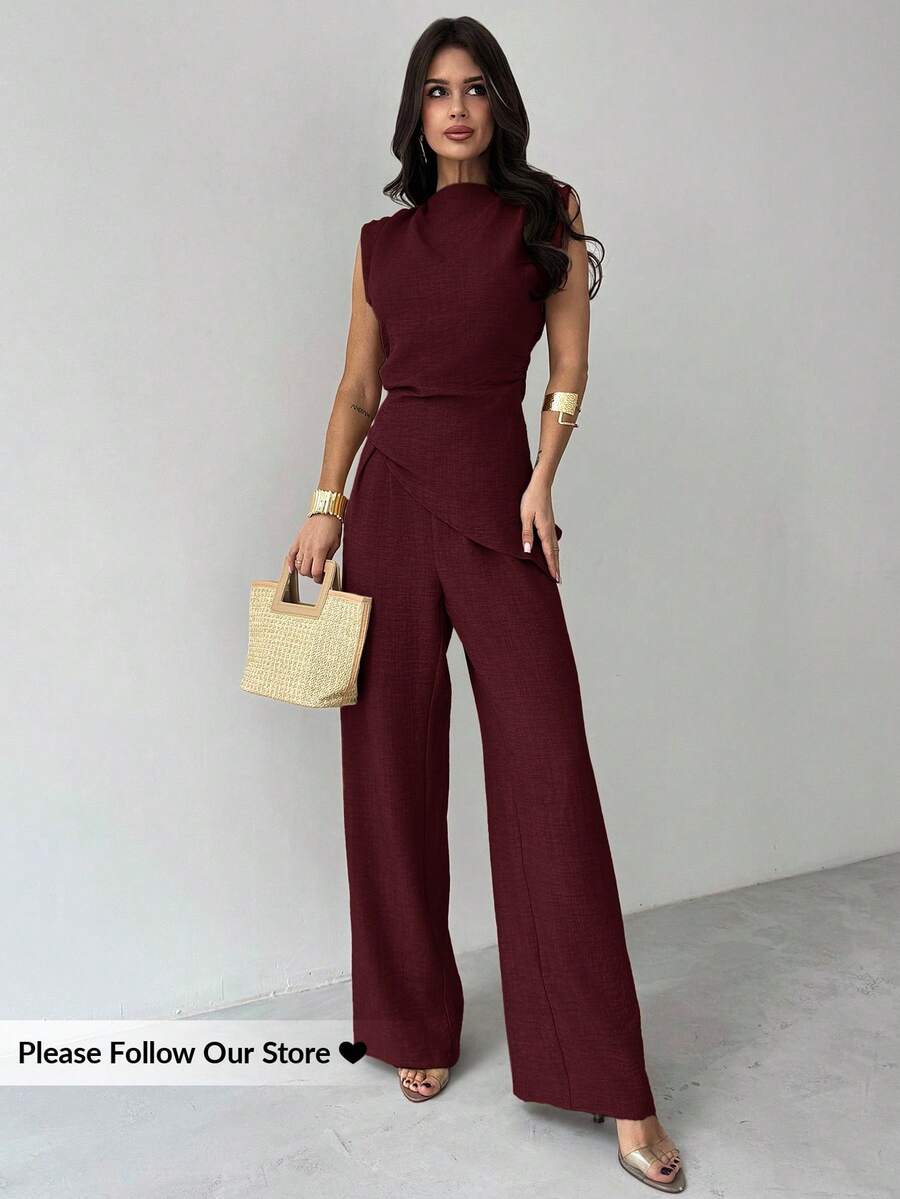 Firerie Khaki Minimalist Elegant Casual Commute Office Outfit: Sleeveless Asymmetric Ruched Waist Women's Blouse + Regular Ruched Wide Leg Women's Pants, Linen Commute Suit, Beach Outfits For Women, Airport Outfit, Vacation Outfits, Teacher Outfit