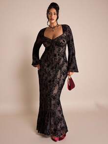 SHEIN BAE Plus Size Women's Black Jacquard Formal Evening Dress,Elegant Autumn Long Sleeve Corset Dress For Party & ,Halloween Birthday Concert Outfits - Black - View 3