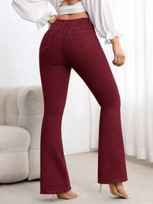 EMERY ROSE Quần jeans ống loe cạp cao giặt thường ngày cỡ lớn - Màu Đỏ Sâu - Xem 2