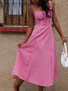Yess Loren 女士格子吊带中长连衣裙，时尚适合夏季 - 紅白色 - 查看 6