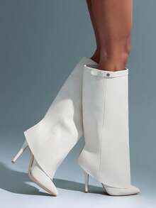SHUZIA Botas altas hasta la rodilla con tacón de aguja y punta puntiaguda, con pliegue en la pantorrilla, de estilo glamoroso para mujer - Blanco - Ver 4