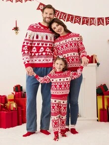 SHEIN Young Girl' Christmas Reindeer Cute Party Celebration Sweater Set Fall Winter - Red - View 3