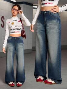 少女 Y2K 风格水洗蓝色宽松休闲牛仔裤，直筒裤，适合日常时尚