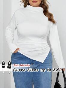 SHEIN CURVE+ Áo thun tay dài màu đen trắng cổ bẻ viền bất đối xứng 2 chiếc/bộ - Đen và trắng - Xem 5