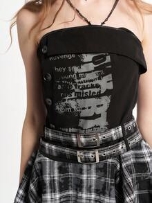 Bloopia 朋克摇滚时尚性感街头摩托车时尚女装秋冬万圣节字母印花拼布格子不对称 A 字中长连衣裙 - 黑色 - 查看 6