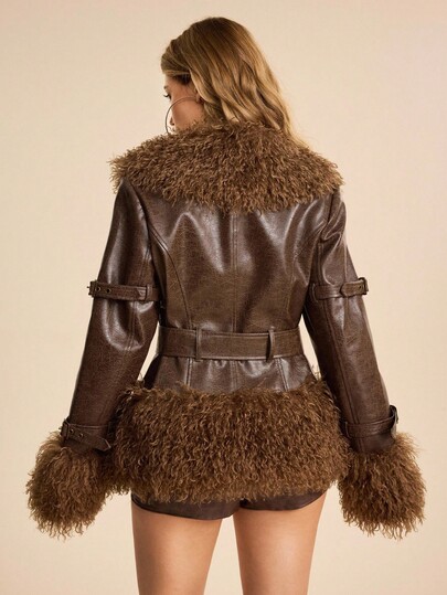 EDITION Hippie Chic Women's Faux Fur Jacket With Metal Buckle Waist Closure And Lapel Collar