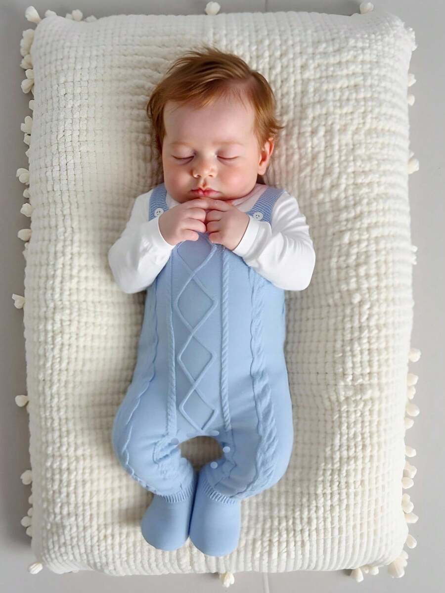 男婴可爱休闲时尚蓝色针织毛衣和围兜连体裤，柔软舒适 - 淺藍色 - 查看 1