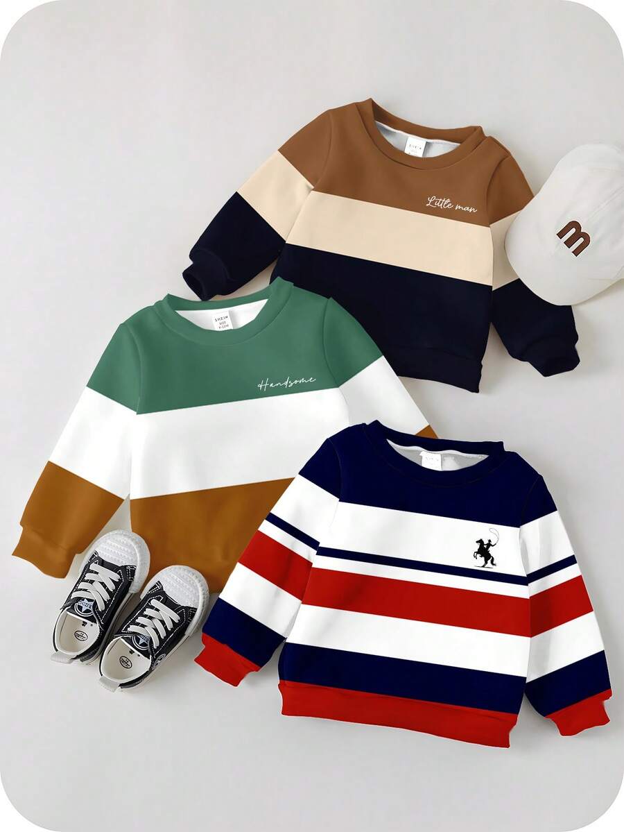 SHEIN 3 件套年轻男孩休闲短袖时尚酷炫经典色块拼布图案印花柔软针织圆领套头衫，适合秋冬季，校园风格 - 彩色 - 查看 1