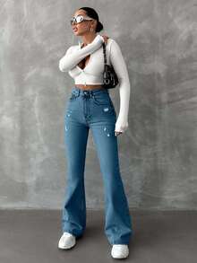 EURMUSE 98%Cotton Zipper Fly Distressed Bell Bottom Jeans - Blue - View 6