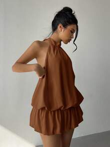Aloruh Women's Casual Vacation Style Solid Color Backless Tie Knot Ruffle Hem Mini Dress, Summer - Coffee Brown - View 3