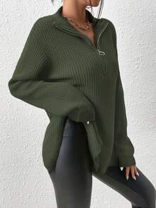 SHEIN Frenchy 半拉链落肩纹毛衣女士秋冬装 - 綠色 - 查看 3