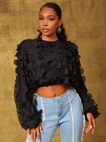 Vixey Black Chiffon Circle Applique Long Sleeve Top