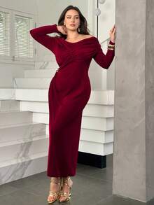 Modelyn Plus Size Women Elegant Off Shoulder Ruched Waist Long Sleeve Dress With Metallic Decor - Burgundy - View 8