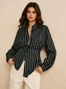 Poéselle Áo sơ mi sọc thời trang, áo crop top độc đáo, thiết kế nhiều lớp - màu đen - Xem 8