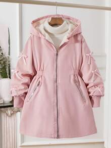 SHEIN Girls' Casual Hooded Thick Fleece Jacket, With Pink Bow Ribbon On Sleeve, Pink Zipper On Collar And Cuffs, Elastic Waist, Suitable For Autumn/Winter Outings, Travel, Walking, Shopping, Can Be Paired With Long Sleeve Sweater And Pants Fall - Pink - View 6