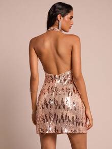 Glamine Women's Sequin Halter Backless Mini Dress, Fashionable Party Wear Rose Gold Dress Sequin Dresses Sequence Dress Vegas Dress