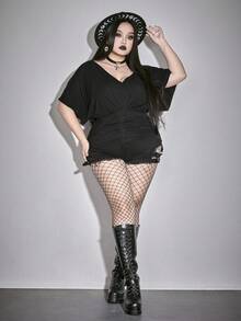 ROMWE Deep V-Neck Batwing Sleeve Loose Ruched Stretchy Plus Size T-Shirt - Black - View 7
