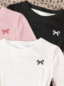 SHEIN 3 件套 Tween 女童修身休闲简约蝴蝶结装饰圆领长袖短款 T 恤，奶油白色、奶油粉色、深黑色，适合秋冬季 - 彩色 - 查看 3