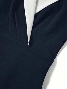 Ellevyn 女士优雅简约通勤黑白撞色修身中长连衣裙 - 藏蓝色 - 查看 5