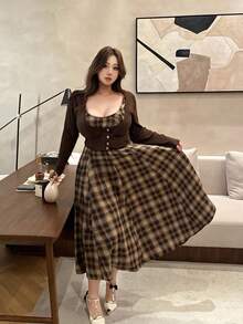 Vibekara Retro American Style Khaki Jacket & Plaid Dress 2 Pieces Set For Women Autumn Dress Plaid Dress Women Brown Two Piece Set Women Plaid Two Piece Set Coffee Brown Dress - Brown - View 7