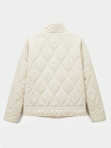 SHEIN EZwear Abrigo acolchado de manga larga con cuello alto, bolsillos y estampado de diamantes en color marfil para mujer, ropa de invierno