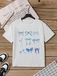 SHEIN 年轻女孩蓝色蝴蝶结创意美学印花短袖 T 恤，可爱芭蕾舞者风格夏季上衣