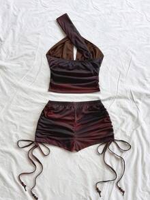 Soleia 女士时尚休闲渐变色背心和褶皱短裤两件套 - 棕色 - 查看 2