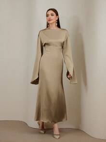 Veilorie 女式优雅纯色束腰长袖连衣裙 - 卡其色 - 查看 7