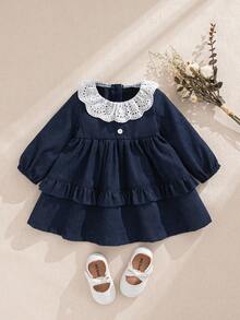 Souflis 法式复古2025秋冬新款休闲长袖藏青色超大白领连衣裙，适合外出、上学、聚会、派对等场合 - 藏蓝色 - 查看 1